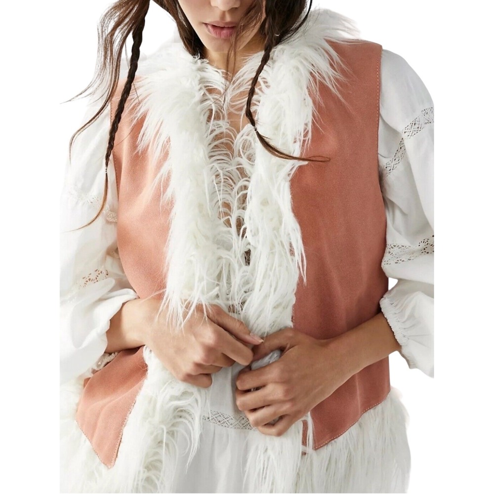 Free People Leather Vest Faux Fur Trimmed Peach Boho Festival L